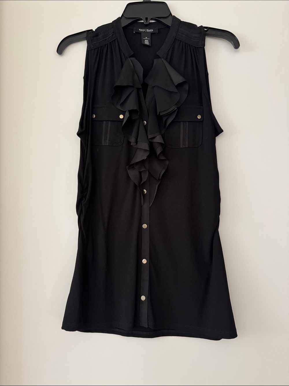 White House Black Market Black Sleeveless Ruffle Front Button Blouse